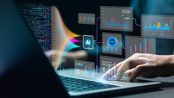 A close-up of a hand using a laptop. Colorful graphics of digital dashboards, charts, and a box saying AI are overlaid on the image.