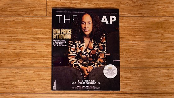 A bird’s eye view of the The Wrap issue. The magazine cover is a picture of Gina Prince-Bythewood, a women with brown hair wearing a brown and beige blazer.