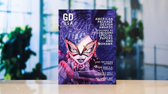 The April 2025 issue of Graphic Design USA. The cover features a cartoon woman with purple hair wearing red glasses and article titles including 2025 Top Design Schools.