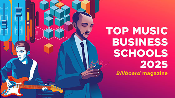 A colorful illustration of a guitarist and a business professional with the text “Top Music Business Schools 2025 – ‘Billboard’ magazine.”
