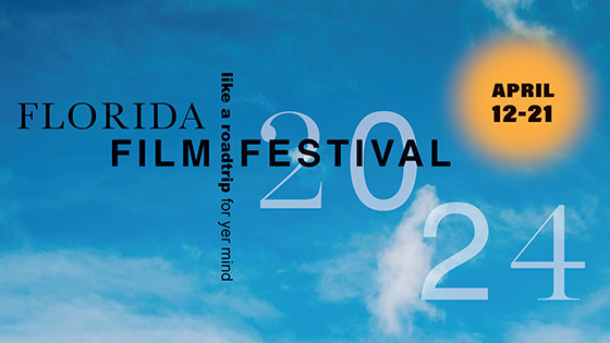 Blue background that reads "Florida Film Festival 2024" in black font, and the dates "April 12-21" in the right corner.