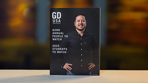 The February 2025 print issue of ‘Graphic Design USA.’ The cover features a smiling designer and text that reads “62nd Annual People to Watch” and “2025 Students to Watch.”