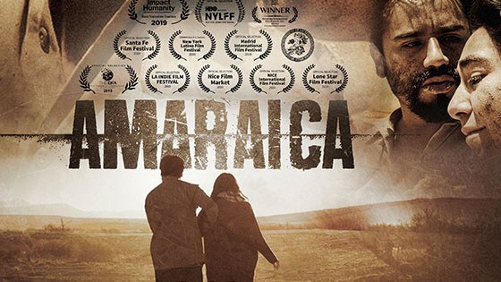 The movie poster for Amaraica. A man and a woman walk across a deserted field with their backs facing the camera.