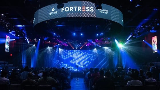 The Full Sail University Orlando Health Fortress stage with the Epic Games logo featured on the large LED screen.