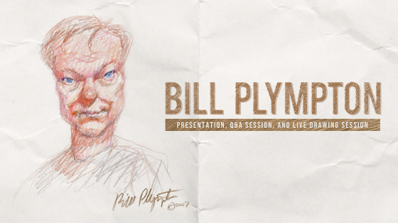 A sketch of American Animator Bill Plympton, drawn and signed by Bill, sits next to the text, “Bill Plympton: Presentation, Q&A Session, and Live Drawing Session.