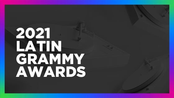 A graphic featuring multiple Grammy statuettes. The image is tinted green and blue and the words “The Biggest Night in Latin Music” and “Latin Grammy 2021” are written in white.