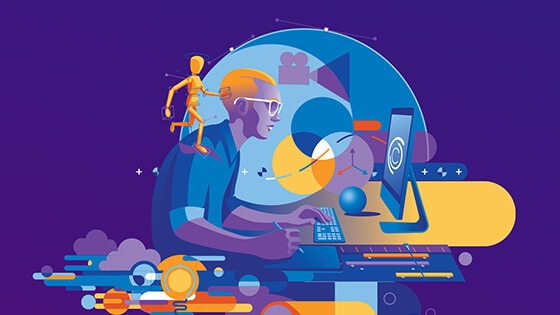 A modern graphic in purple and blue tones with yellow highlights depicts a graphic designer using a desktop computer and stylus surrounded by a collage, which includes an anatomical model, arrows, rulers, clouds, and a film icon.