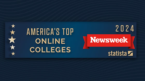 Rectangular banner that reads "America's Top Online Colleges 2024," accompanied by the Newsweek magazine and Statista logos.