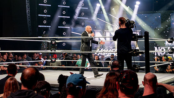 Fans fill Full Sail Live as Triple H addresses the crowd during WWE’s ‘NXT Homecoming’ event.