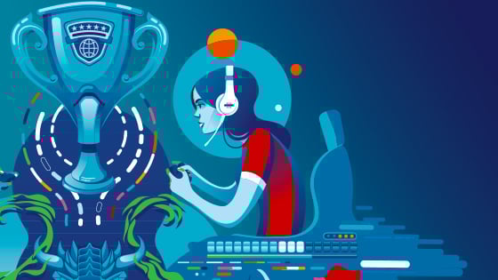 A stylized digital illustration of a focused gamer wearing a headset and playing a game with a controller while sitting in a gaming chair.