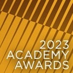 A graphic with the words 2023 Academy Awards in white over a yellow and brown-striped background.