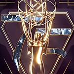 A graphic of an Emmy statuette in front of the number 75. Emmys is written in gold on the right side. The background is dark blue.