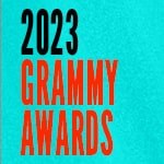 2023 Grammy Awards written in black and red text over a teal background.