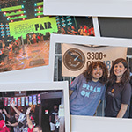 Eight images lay in a scattered pile on a black background. The images include students posing for the camera in colorful Japanese clothing, Crystal Kay performing onstage with purple lights, students posing in front of a 3300+ Climbing sign, and an audience facing a screen displaying “VSU Film Fest.”