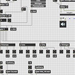 A screenshot of Max software, a visual music programming language. Boxes labeled with sounds are connected with lines to boxes labeled with the names of states.