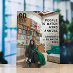 The cover of ‘Graphic Design USA’ featuring a designer sitting in a loft and the words People to Watch 63rd Annual and Students to Watch 2026.