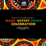 “Monthly Networking Summit; Black History Month Celebration; Check Out Clubs On Campus, Explore Vendors, and More!” is shown on a black background with a green, yellow, red, white, and black design, alongside the Student Community Association logo.