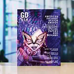 The April 2025 issue of Graphic Design USA. The cover features a cartoon woman with purple hair wearing red glasses and article titles including 2025 Top Design Schools.