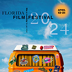 Blue background that reads "Florida Film Festival 2024" in black font, and the dates "April 12-21" in the right corner.