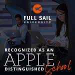 Three students using MacBooks sit on gray and blue chairs. The Full Sail logo and the words “Recognized as an Apple Distinguished School” are on top of the photo.