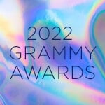 A graphic with a multicolored holographic background and the words 2022 Grammy Awards in blue.