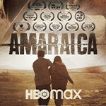 The movie poster for Amaraica. A man and a woman walk across a deserted field with their backs facing the camera.