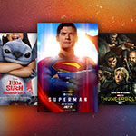 The cover art for “Ironheart,” “How to Train Your Dragon,” “Lilo & Stitch,” “Superman,” “Thunderbolts*,” “F1,” and “Karate Kid: Legends” are displayed in a horizontal row in front of a colorful background.