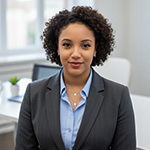 A professional woman in business-wear with short hair and tight curls is seated in a bright office, facing forward with a calm, confident expression.