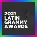A graphic featuring multiple Grammy statuettes. The image is tinted green and blue and the words “The Biggest Night in Latin Music” and “Latin Grammy 2021” are written in white.