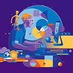 A modern graphic in purple and blue tones with yellow highlights depicts a graphic designer using a desktop computer and stylus surrounded by a collage, which includes an anatomical model, arrows, rulers, clouds, and a film icon.