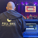 Two people's backs are facing the camera as they overlook an audio console and stage at The Plaza Live.