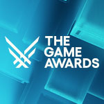 A stylized bronze Game Awards trophy stands against a blue digital backdrop beside The Game Awards logo and title text.