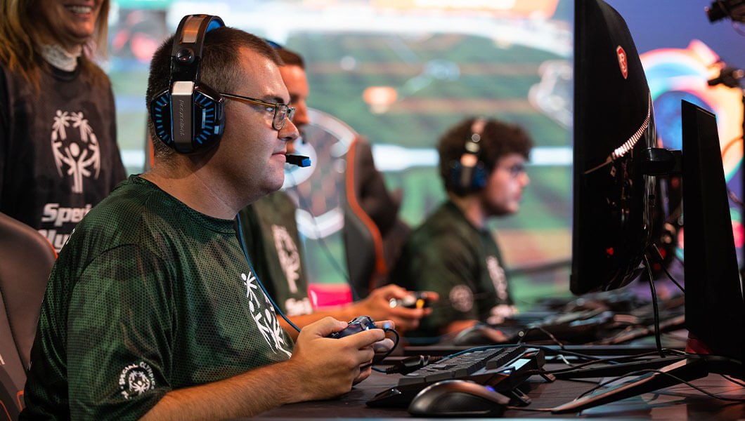 Players from Florida’s Green team competing on the main stage during the 2022 Special Olympics Unified Sports exhibition.