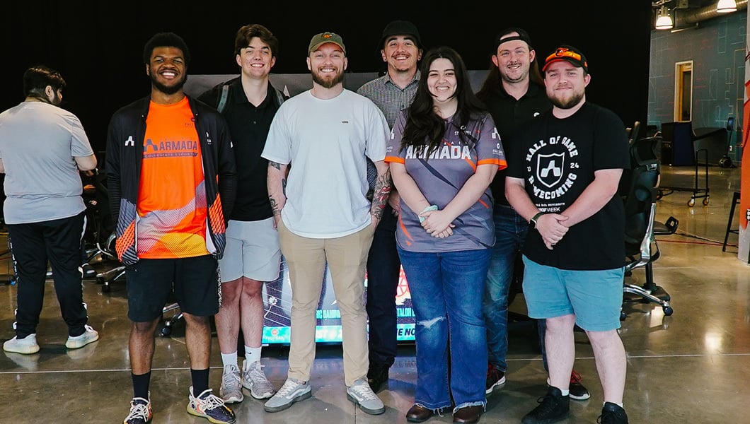 A group of Full Sail staff and students pose for a picture at an ‘NBA 2K’ League event in Lake Nona.