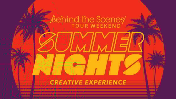 A graphic with the words Summer Nights Creative Experience on a red and purple background with outlines of purple palm trees.
