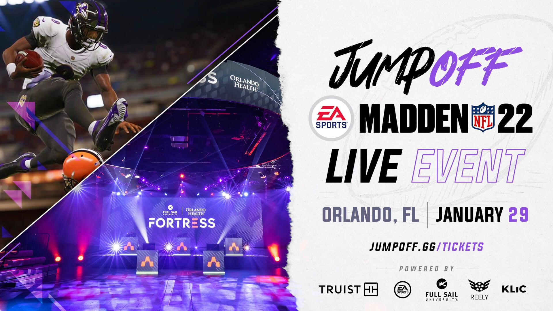 a flyer for the jump off event featuring a football player jumping over another football player and the fortress esports arena