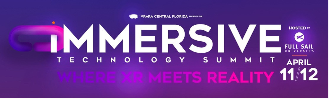 Event poster saying Immersive Technology Summit Where XR Meets Reality on a purple ombre background.