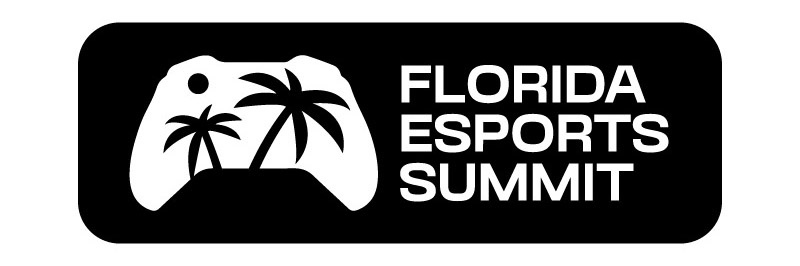 A black and white Illustration of a controller with 2 palm trees growing inside. Text: Florida Esports Summit