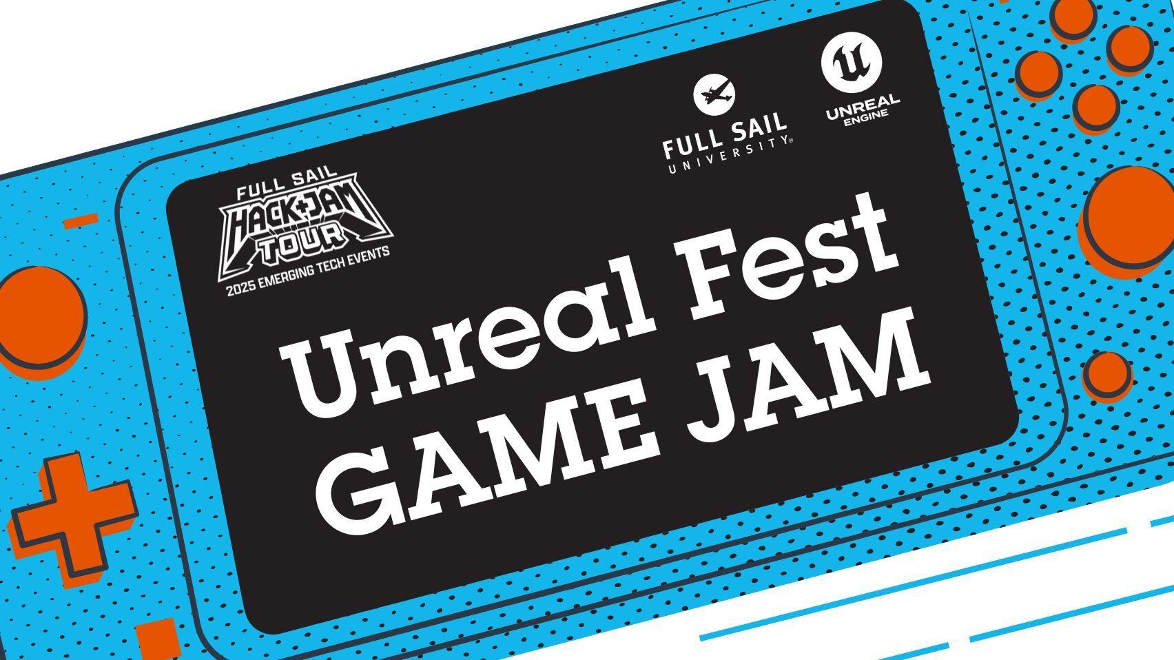 A graphic of a handheld gaming console with the text "Unreal Fest Game Jam" on the screen.